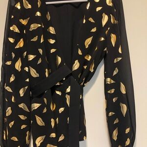 Diane Von Furstenberg Black Wrap Blouse with Gold Leaf Motif